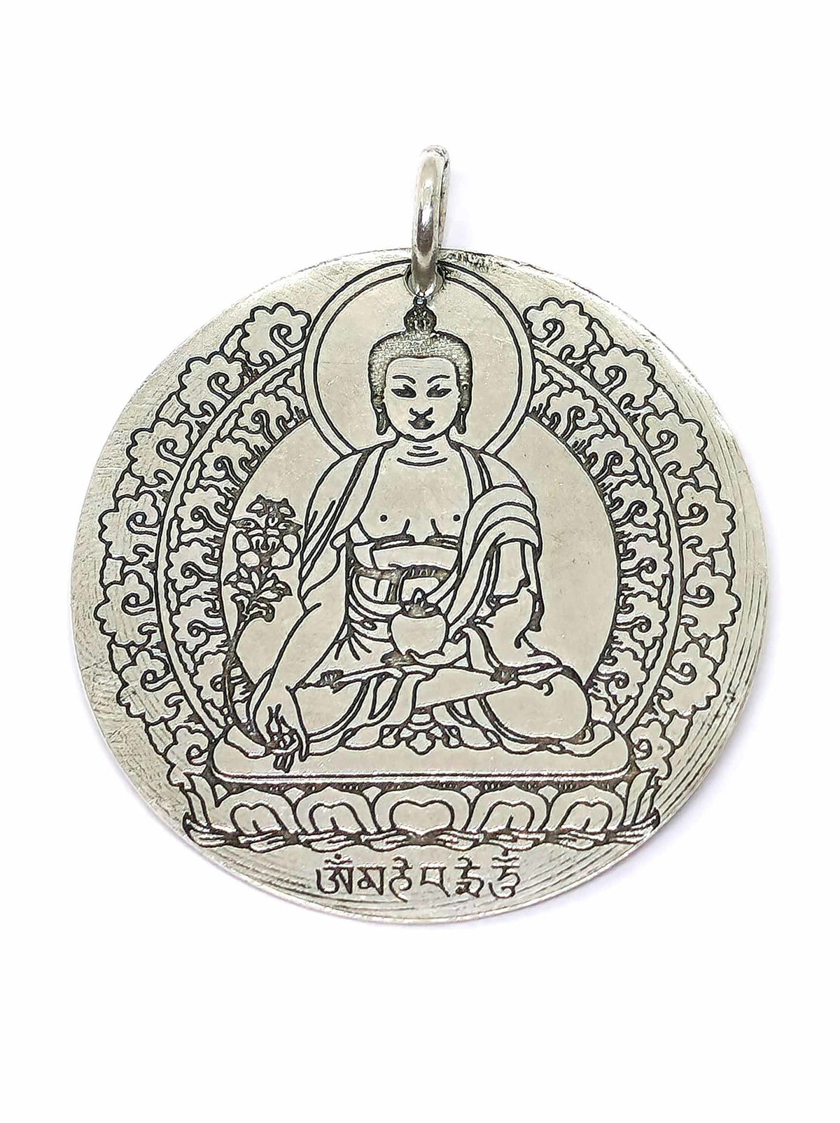 Anhänger Medizin-Buddha mit "Om Mani Padme Hum" aus Weissmetall