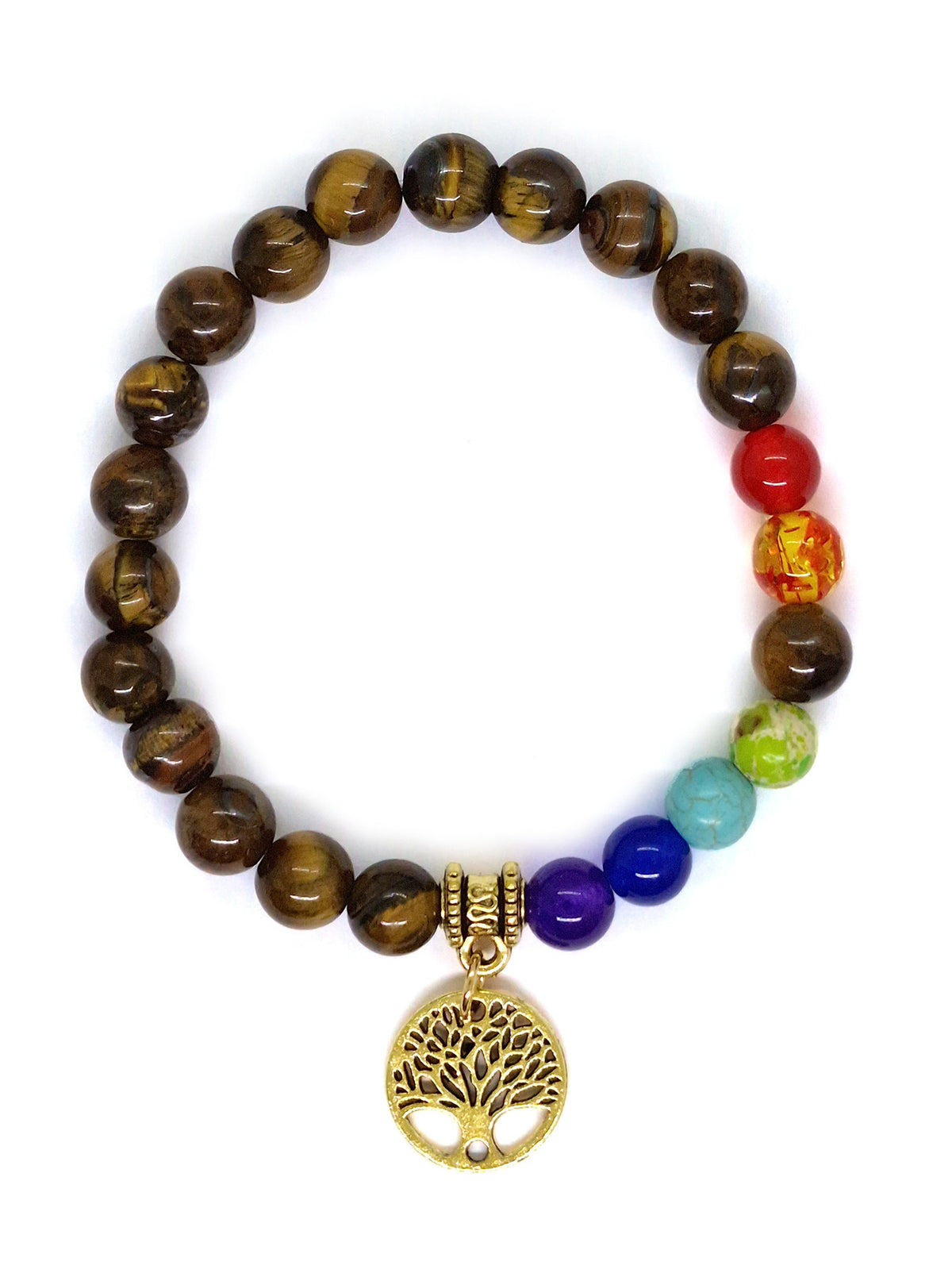 Tiger Eye Bracelet with 7 Chakras and Tree, Stretchable