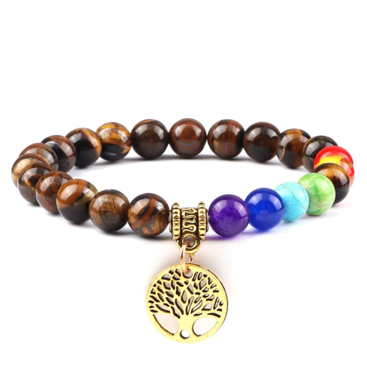 Tiger Eye Bracelet with 7 Chakras and Tree, Stretchable