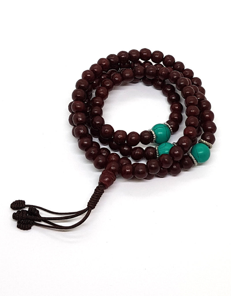 Mala tibétain en bois de rose avec compteur métallique et perles repères
