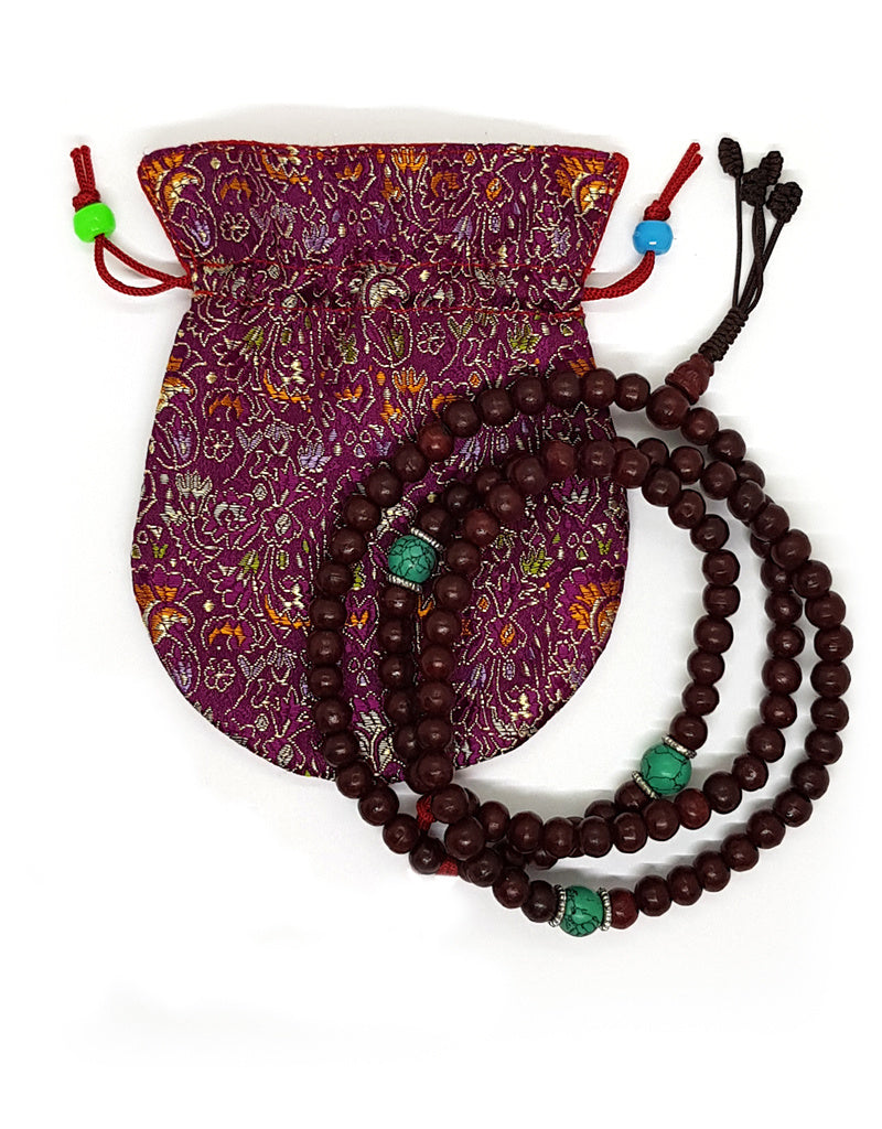 Mala tibétain en bois de rose avec compteur métallique et perles repères