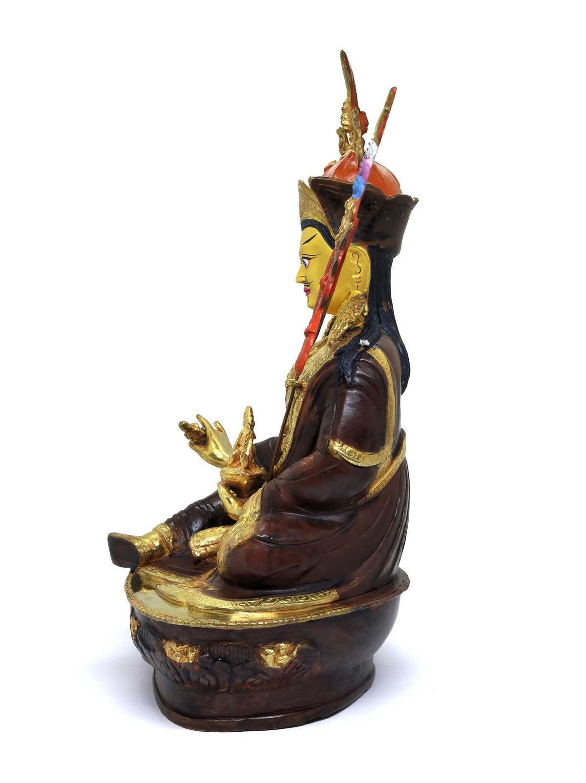 Guru Rinpochen Statue aus Messing, teilweise vergoldet, 35cm