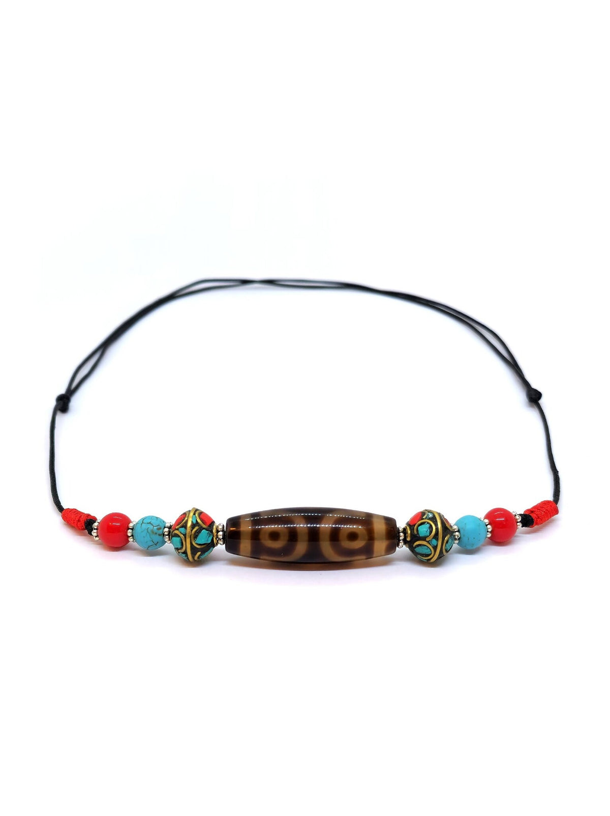 3-occhi tibetano Dzi-perline-ciondolo-collana con turchese e rosso corallo