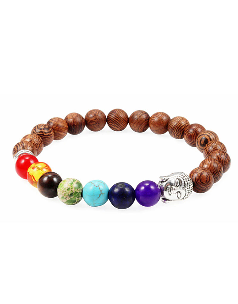 Bracciale in legno con 7 chakra e Buddha, marrone