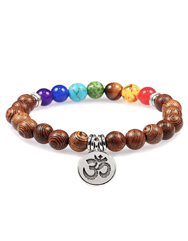 Bracciale in legno con 7 chakra OM, marrone