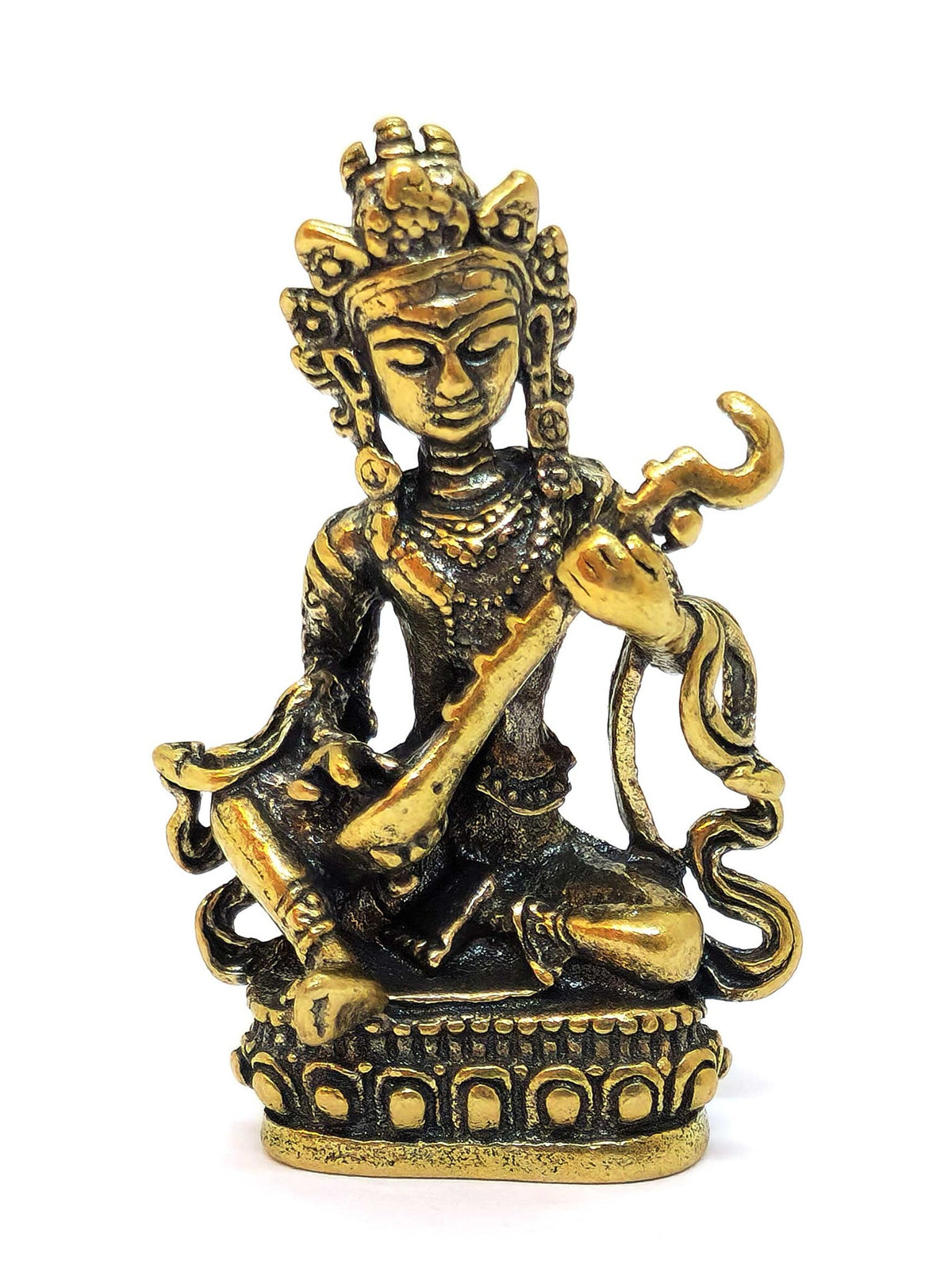 Statua di Mini Yangchenma Saraswati in rame. simbolo di saggezza, musica e ispirazione, 4cm