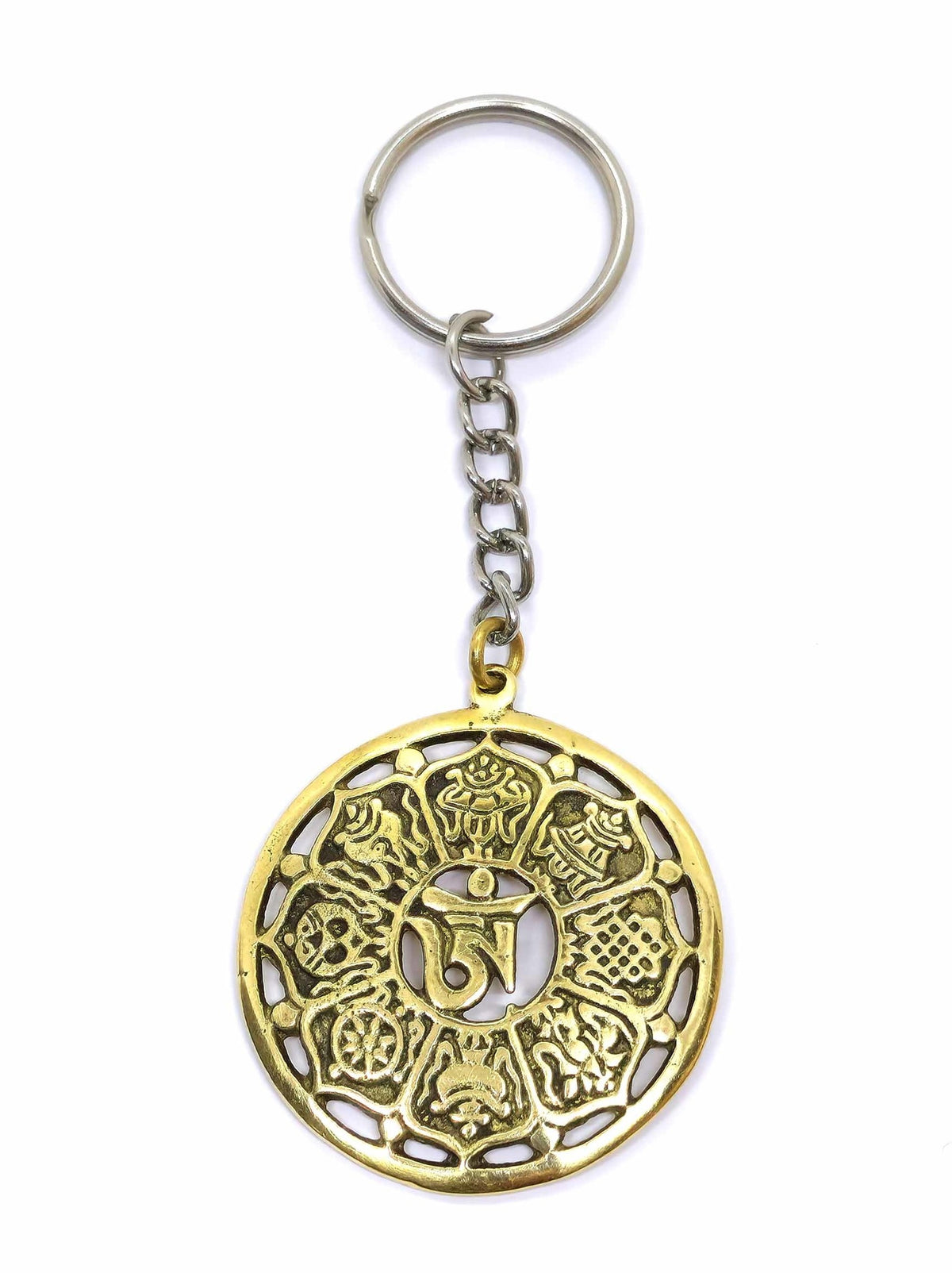 Schlüsselanhänger mit ausgeschnittenen Motiven von "Om" und "8 tibetischen Glückssymbolen"