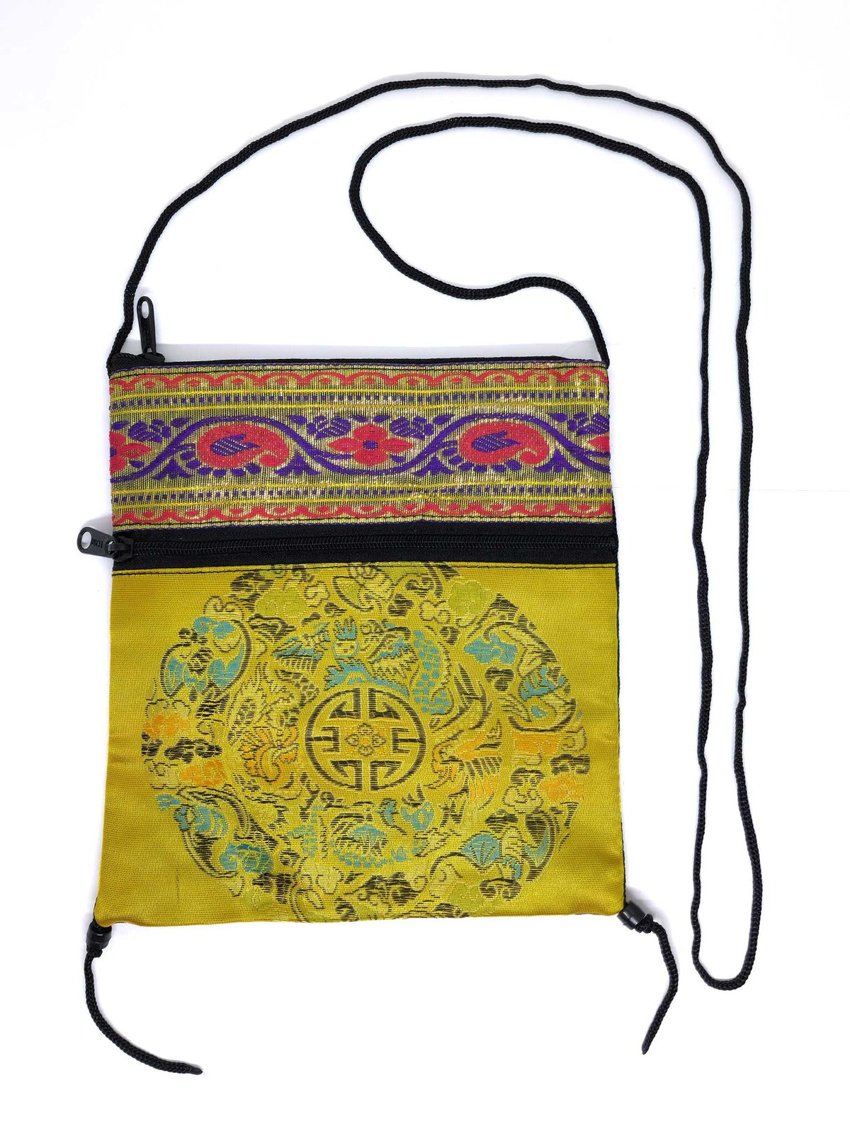 Piccola borsa a tracolla in broccato di seta con mandala, giallo