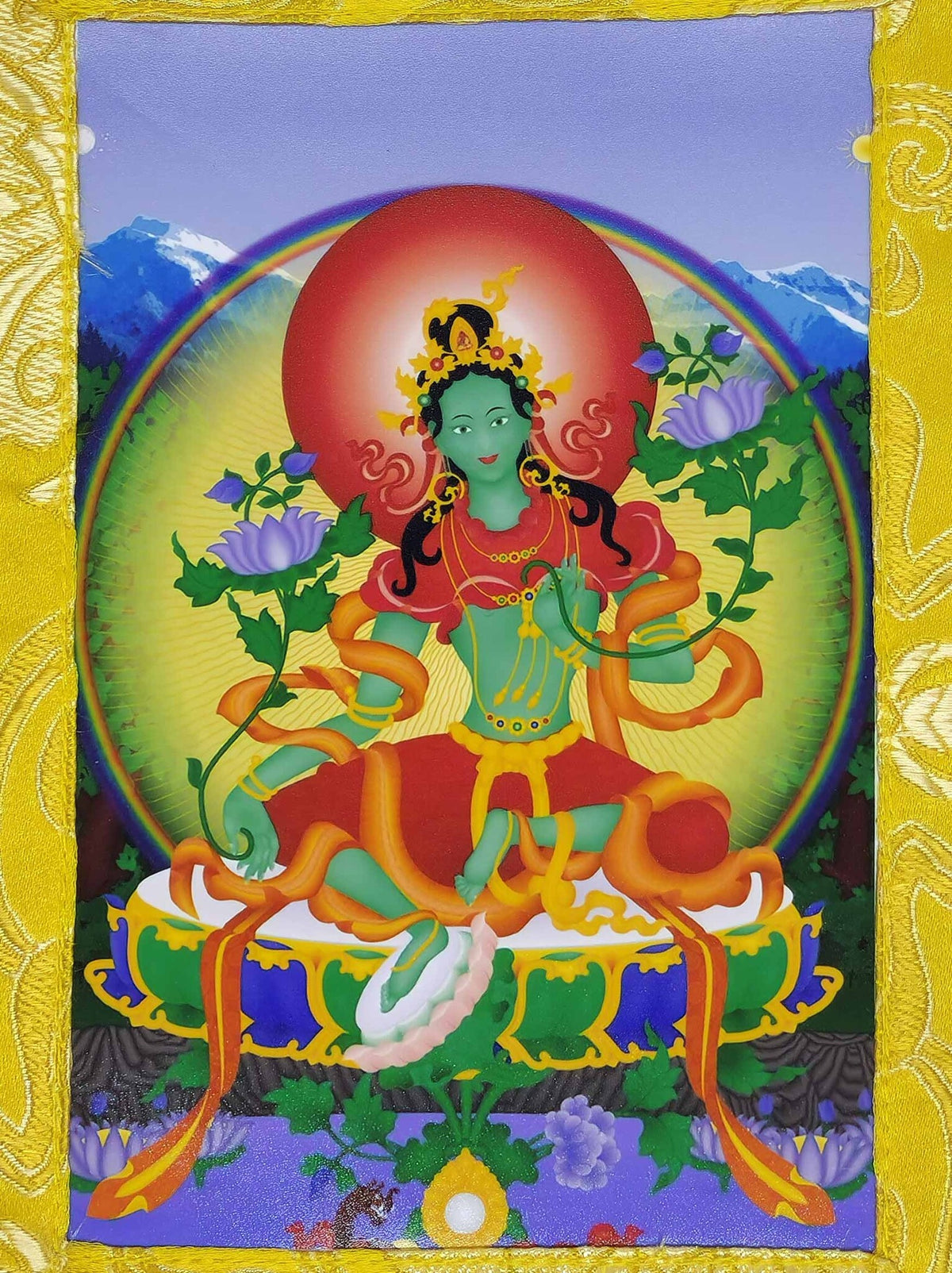 Grüne Tara Thangka mini aus Seidenbrokat