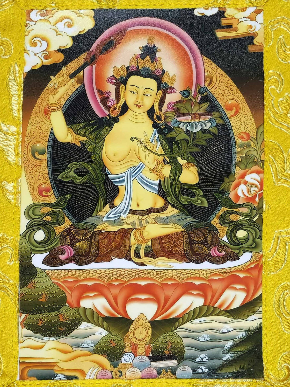 Thangka tibetano Manjushri mini in broccato di seta