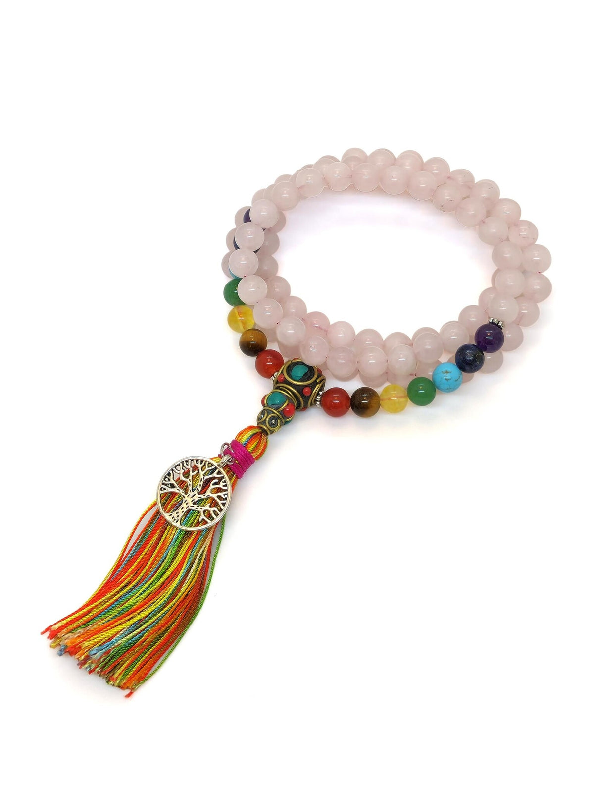 Mala in quarzo rosa tibetana con chakra e nappa