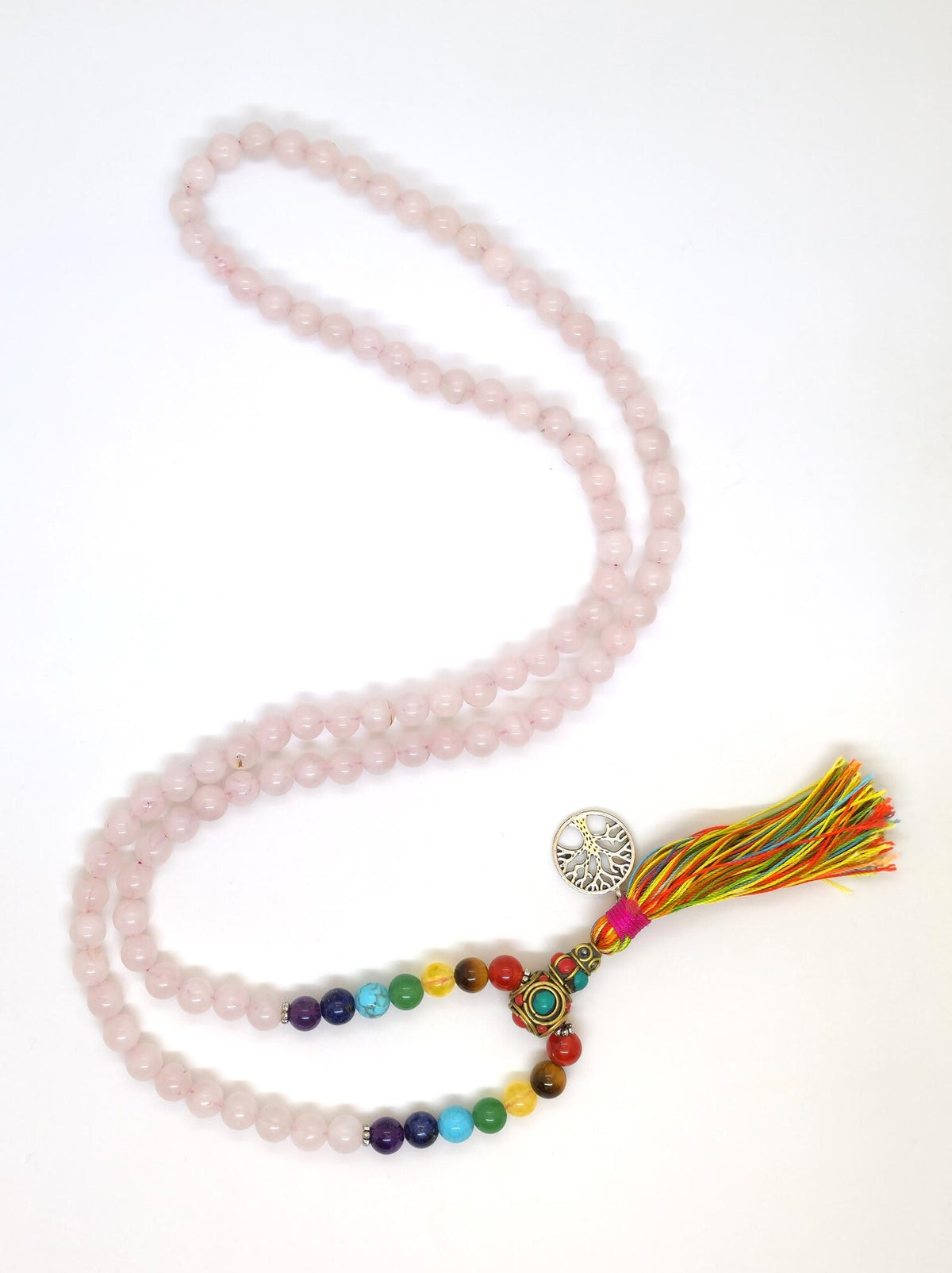 Mala in quarzo rosa tibetana con chakra e nappa