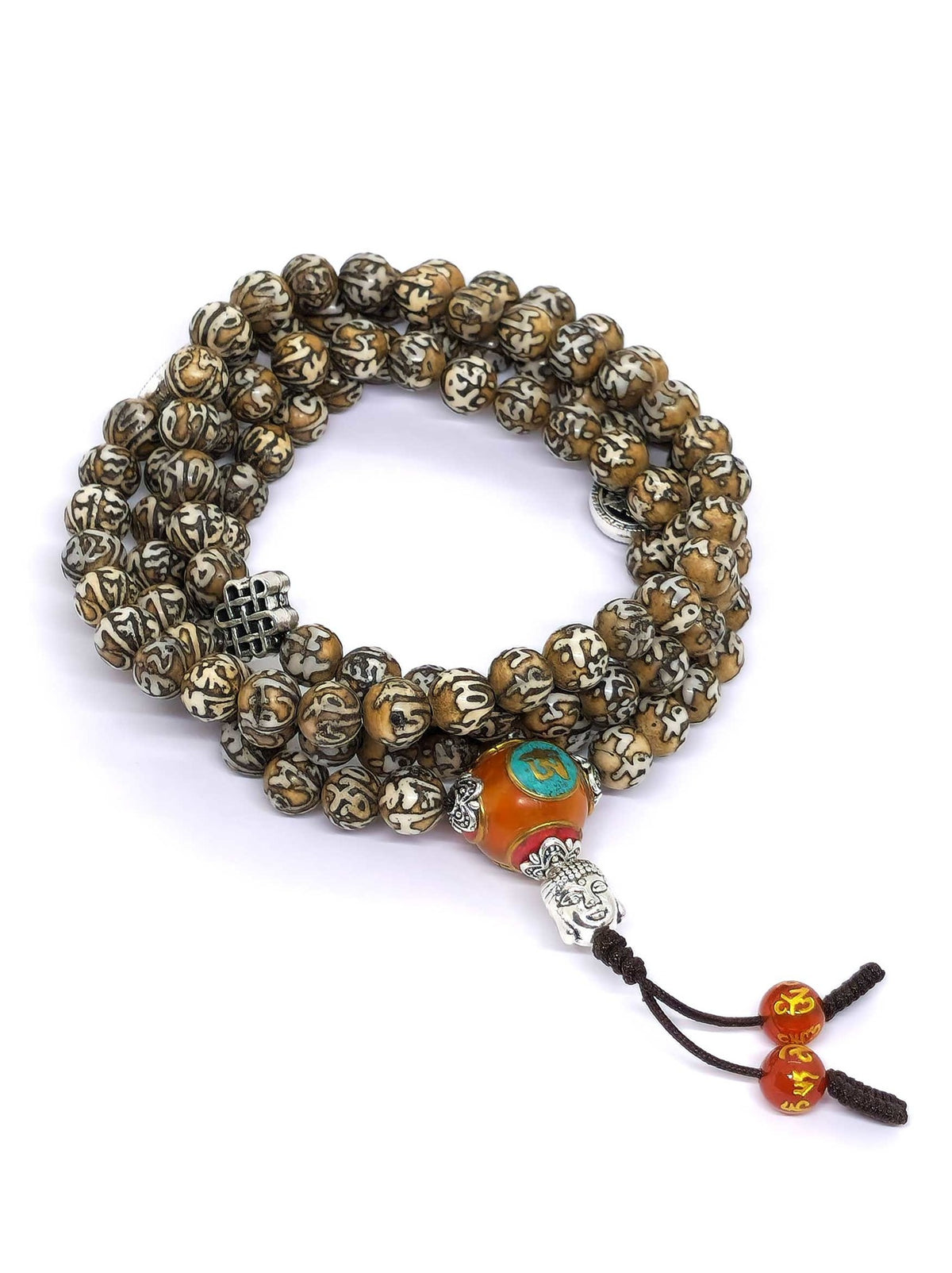 Mala tibétain conque au mantra mani, avec séparateurs double dorjé et nœud sans fin