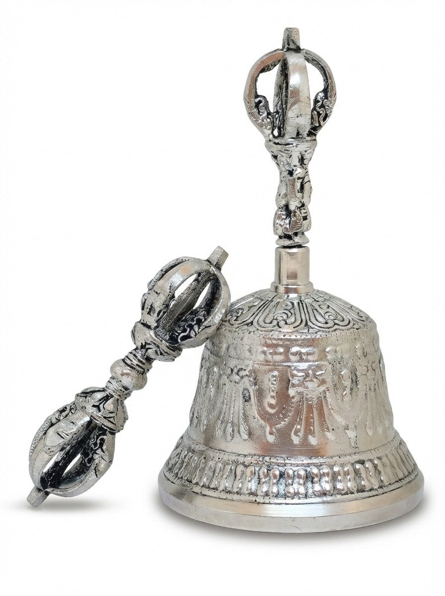 Tibetisches Glocke Dorje Set versilbert Messing