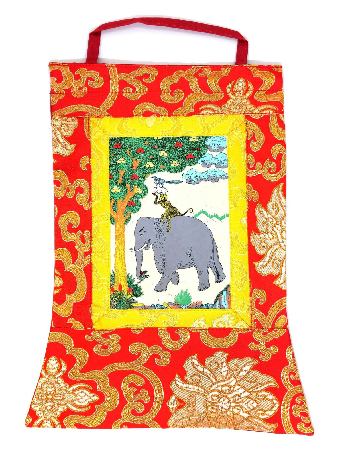 Tibetisches Thangka "Die Vier Harmonischen Freunde", handgedruckt auf Reispapier, mini