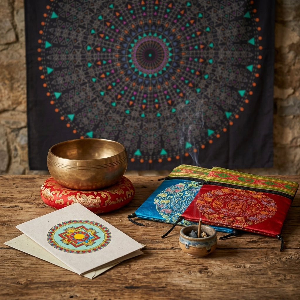 Tibetisches Mandala-Motiv – Kollektion mit Thangkas, Gravuren und gewebten Mandala-Mustern