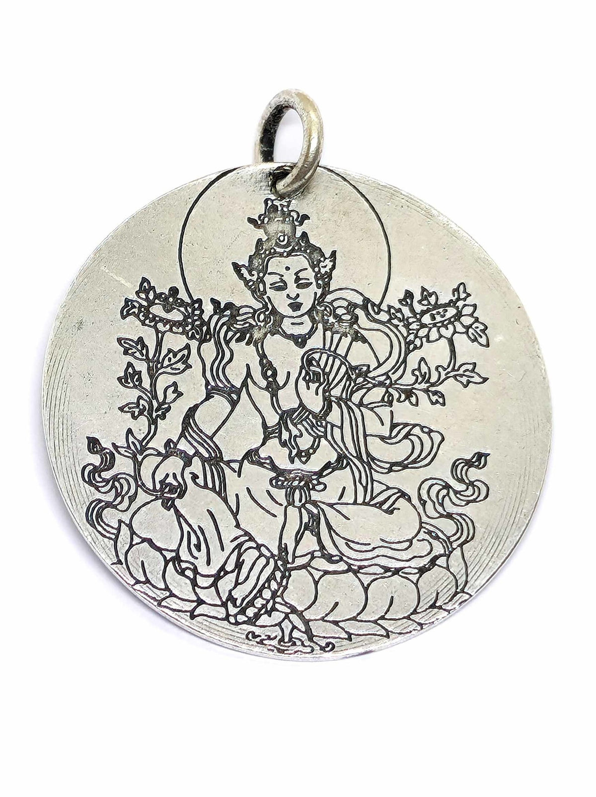 Green Tara Pendant White Metal Handcrafted, 4 cm