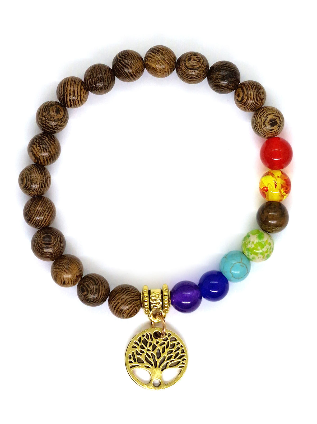 Wooden Bracelet with 7 Chakras and Tree, Stretchable