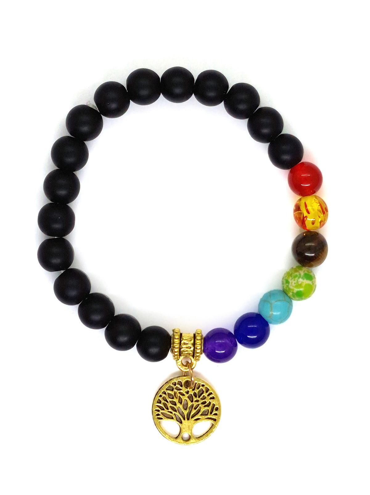 Onyx Bead Bracelet with 7 Chakras and Tree, Stretchable