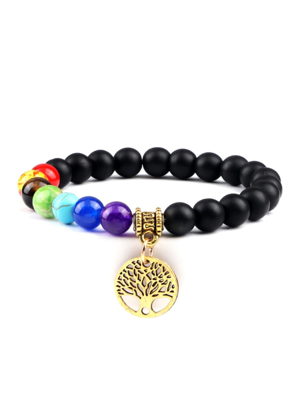 Onyx Bead Bracelet with 7 Chakras and Tree, Stretchable