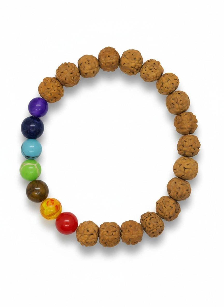 Bracelet en rudraksha aux 7 pierres de chakra élastique, 9 mm