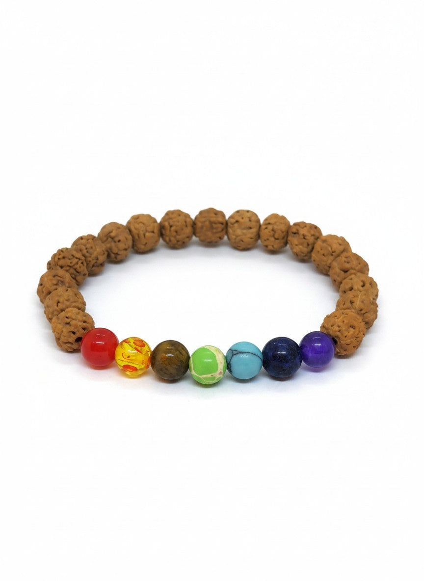 Bracelet en rudraksha aux 7 pierres de chakra élastique, 9 mm