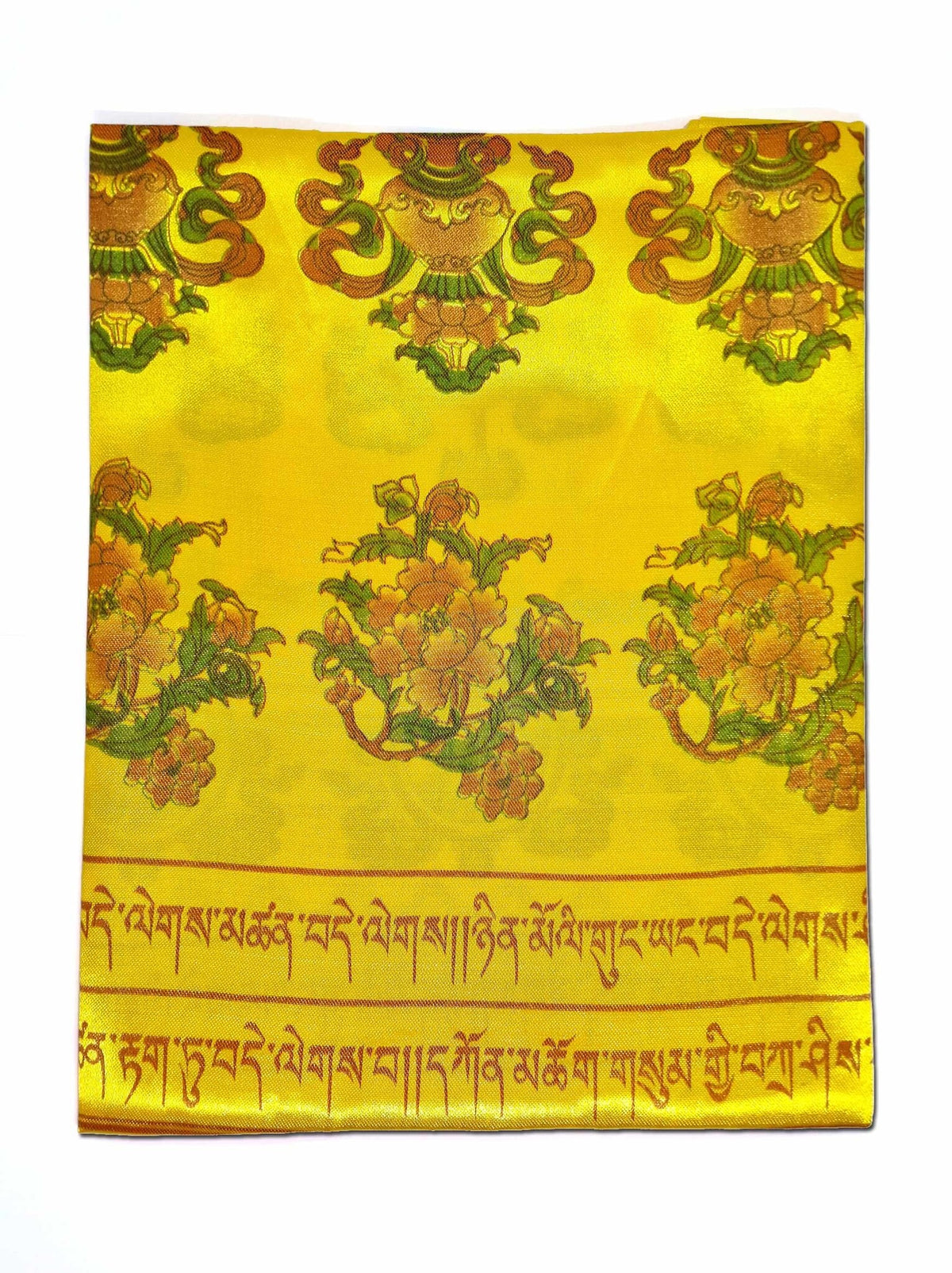 Khata, sciarpa tibetana gialla di saluto e di preghiera con simboli di buon auspicio, 140 x 29 cm