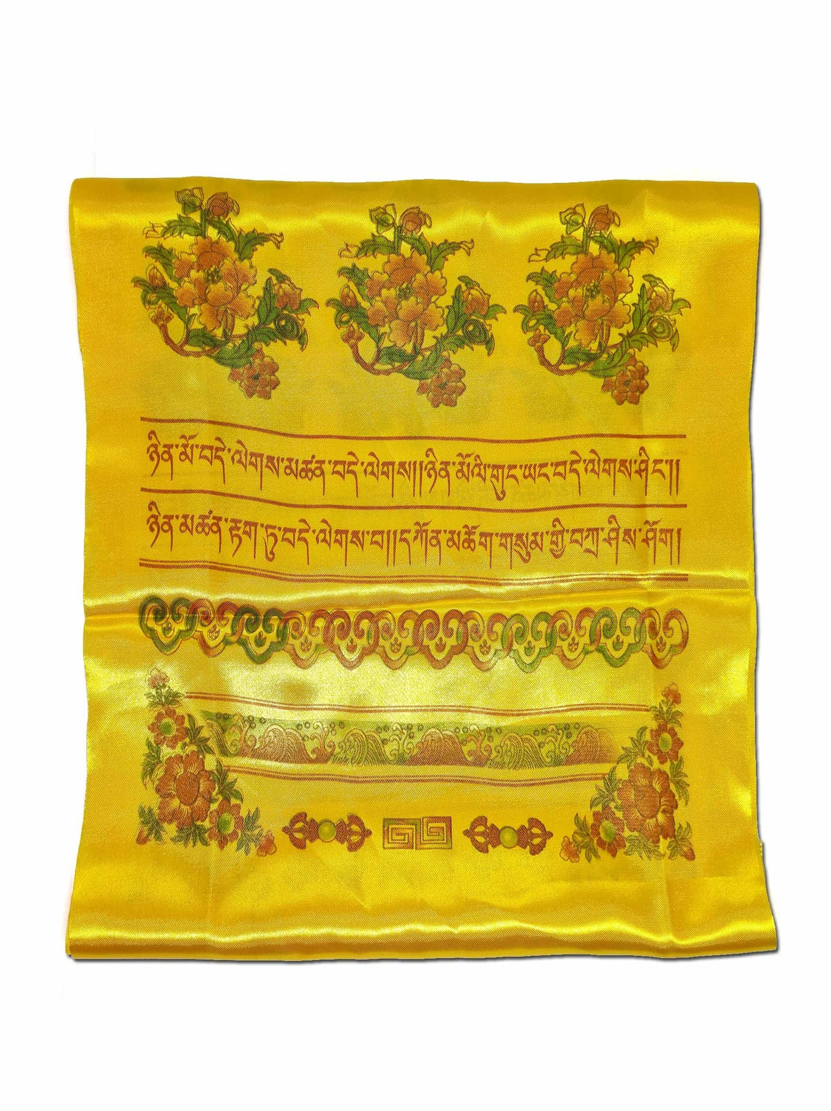 Khata, sciarpa tibetana gialla di saluto e di preghiera con simboli di buon auspicio, 140 x 29 cm