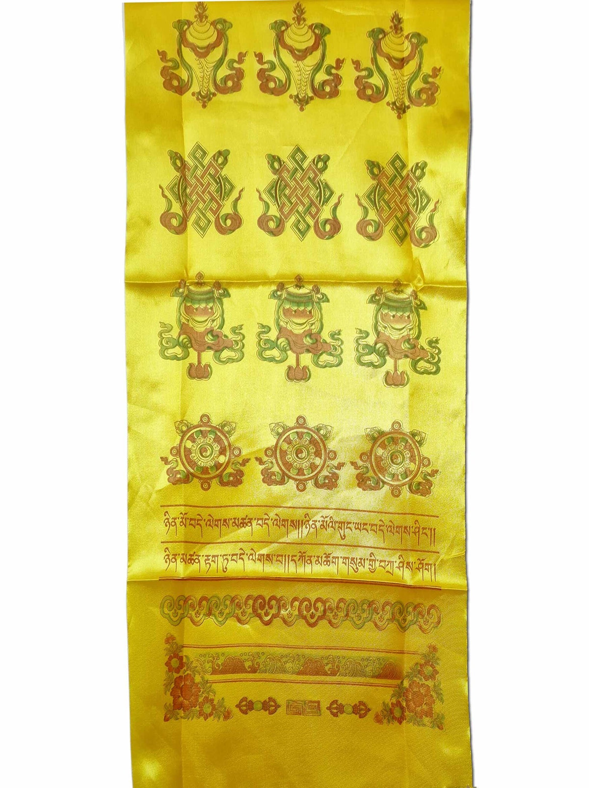 Khata, sciarpa tibetana gialla di saluto e di preghiera con simboli di buon auspicio, 140 x 29 cm