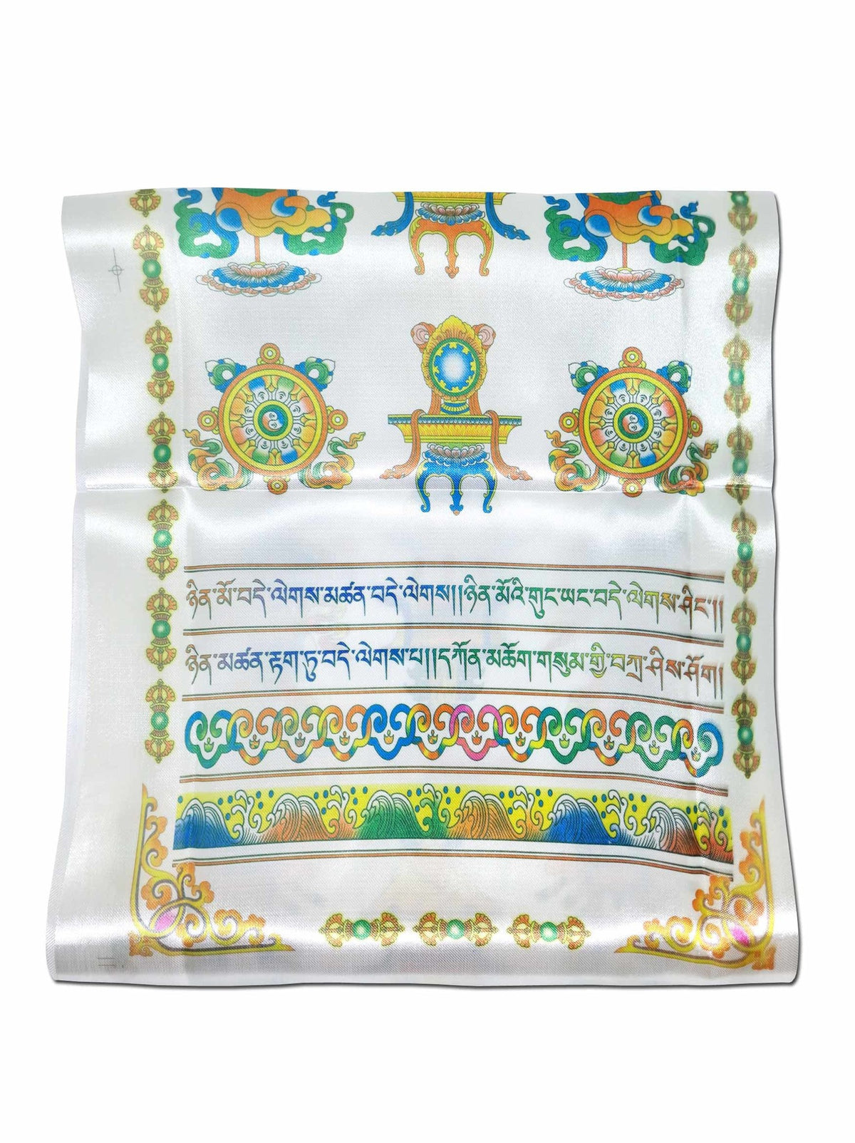 Khata, sciarpa tibetana bianca di saluto e di preghiera con simboli di buon auspicio, 140 x 29 cm