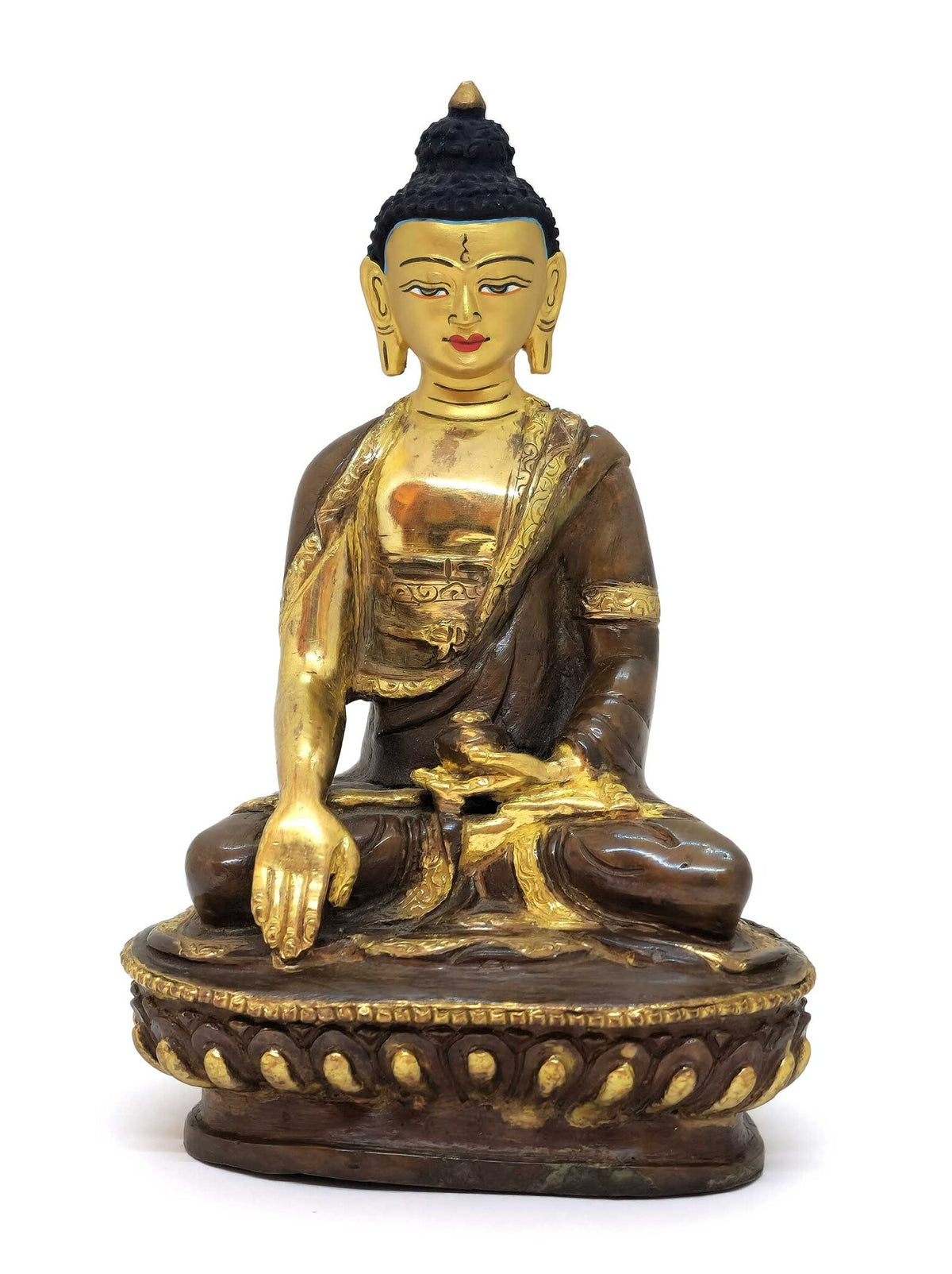 Buddha Shakyamuni Statue, Handcrafted from Brass and Copper, Partly Gold-Plated, 15cm
