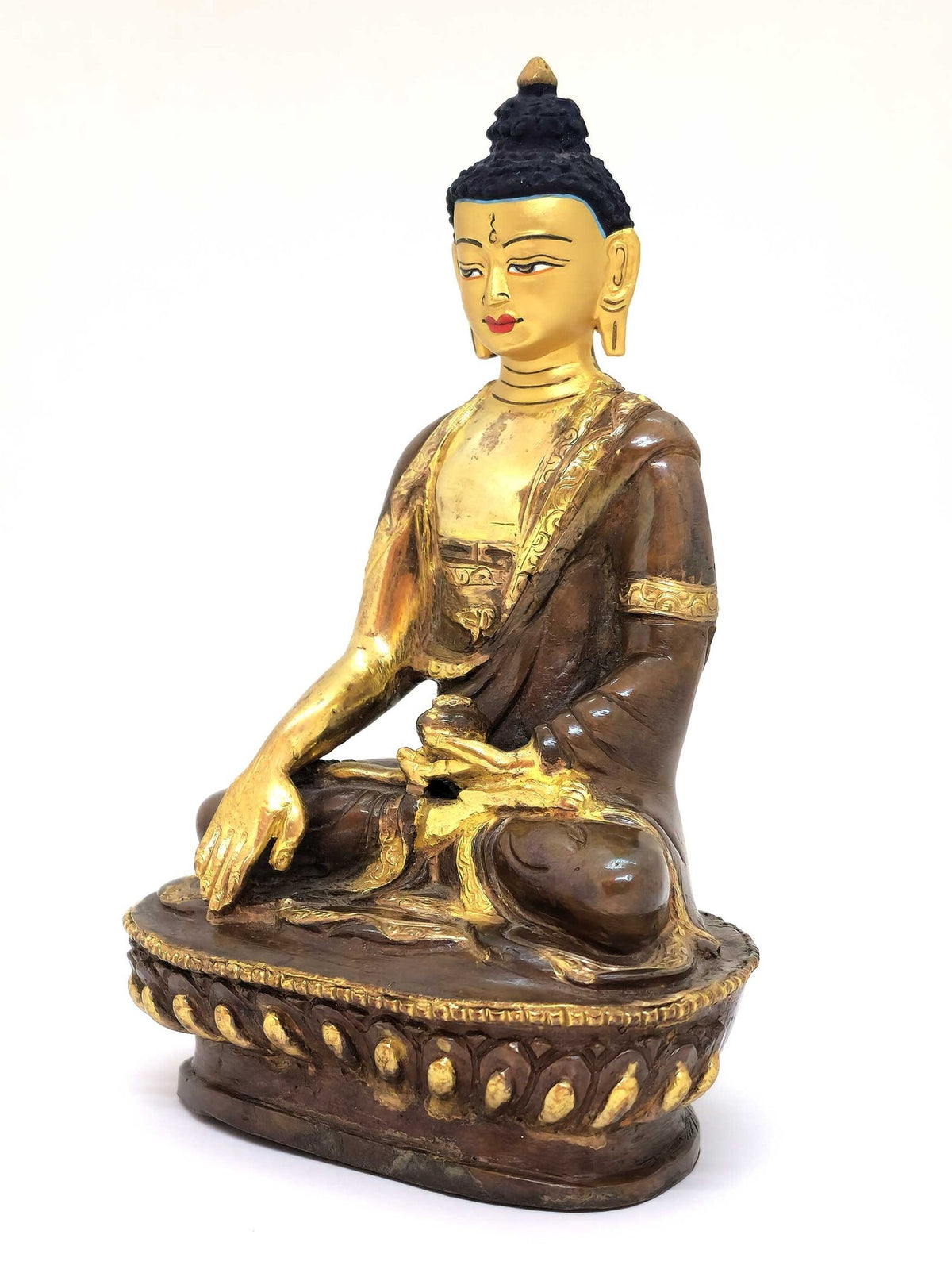 Buddha Shakyamuni Statue, Handcrafted from Brass and Copper, Partly Gold-Plated, 15cm