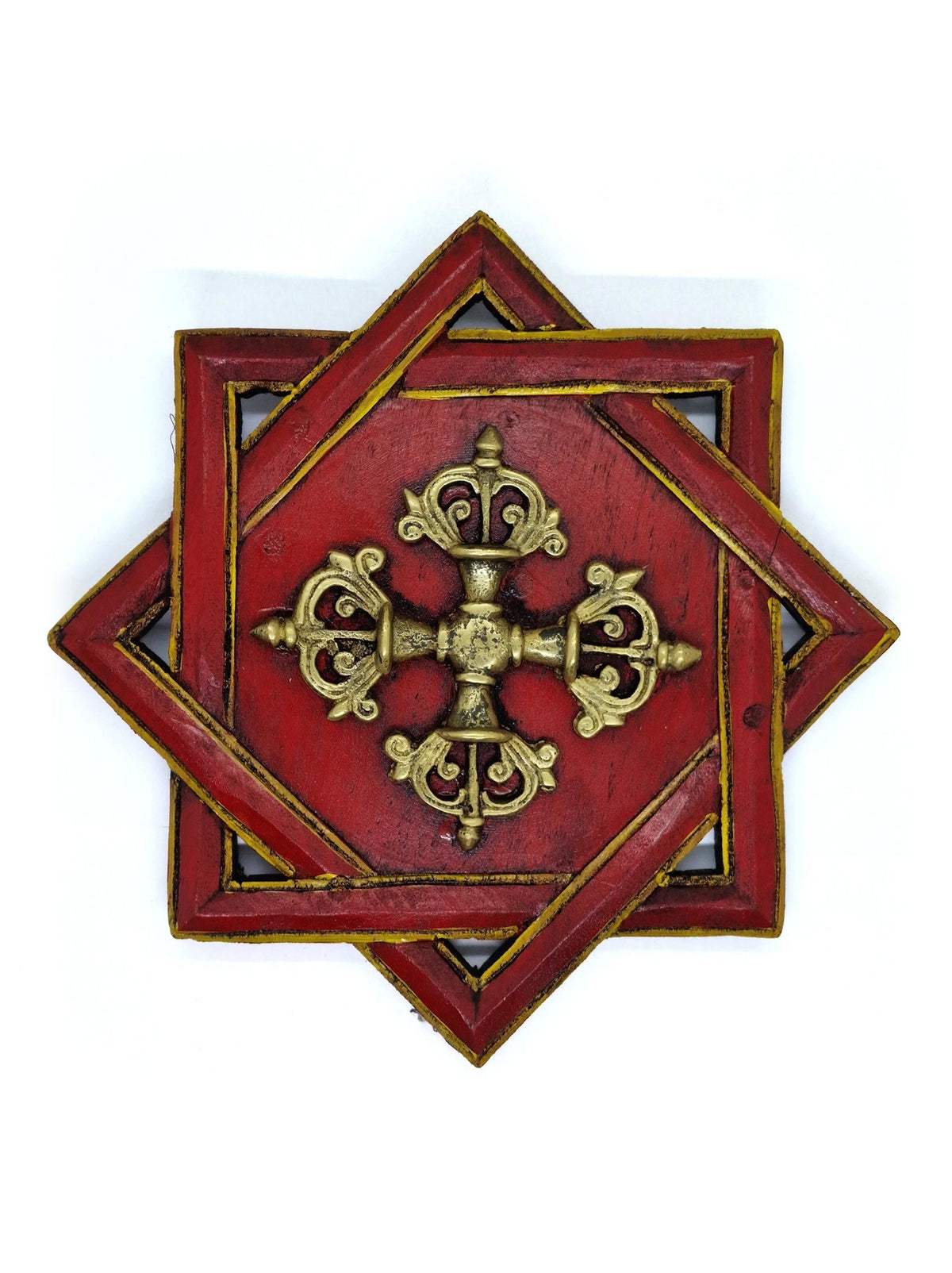 Wooden Wall Decoration With Brass Double Dorje