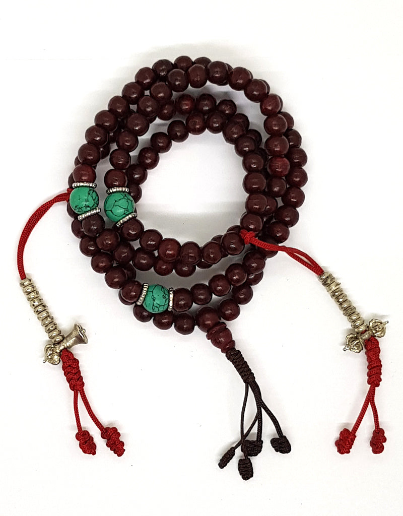 Mala tibétain en bois de rose avec compteur métallique et perles repères