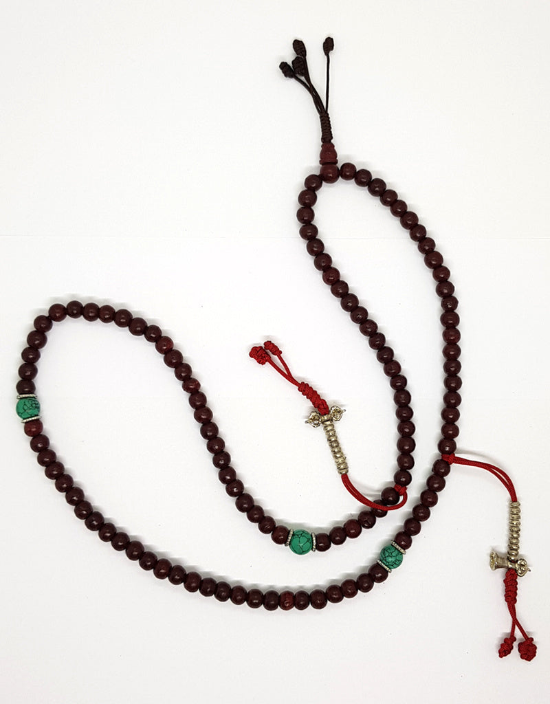 Mala tibétain en bois de rose avec compteur métallique et perles repères