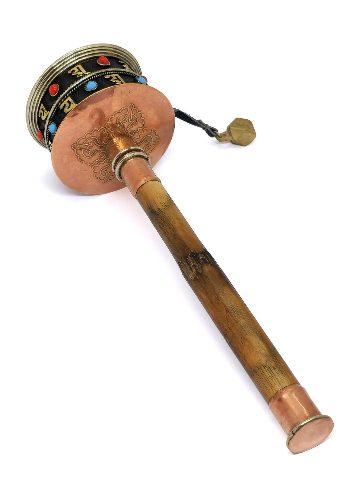 Tibetische Hand-Gebetsmühle, mit Mantra verziert, 26cm