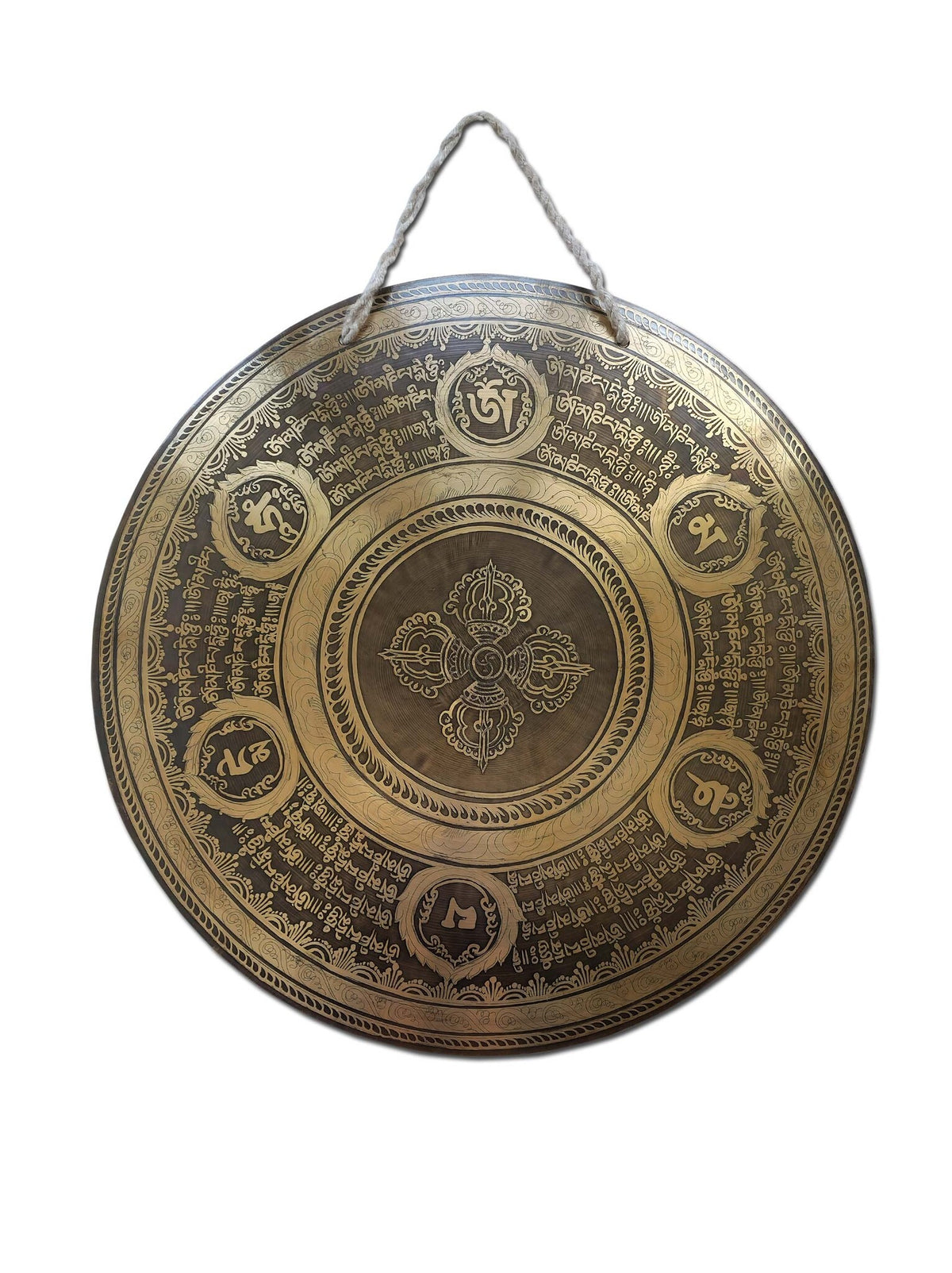 Tibetischer Gong mit Mantras und Doppeldorje eingraviert