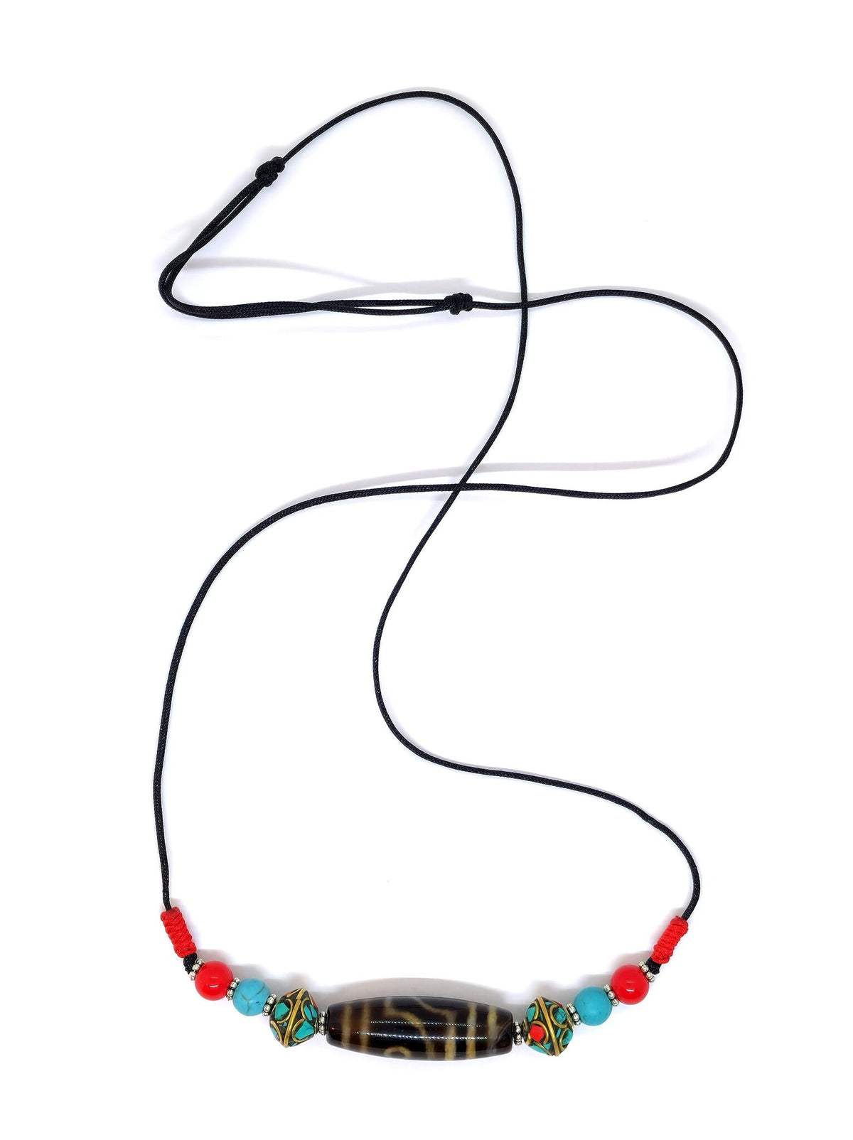 2-occhi tibetano Dzi-perline-ciondolo-collana con turchese e rosso corallo