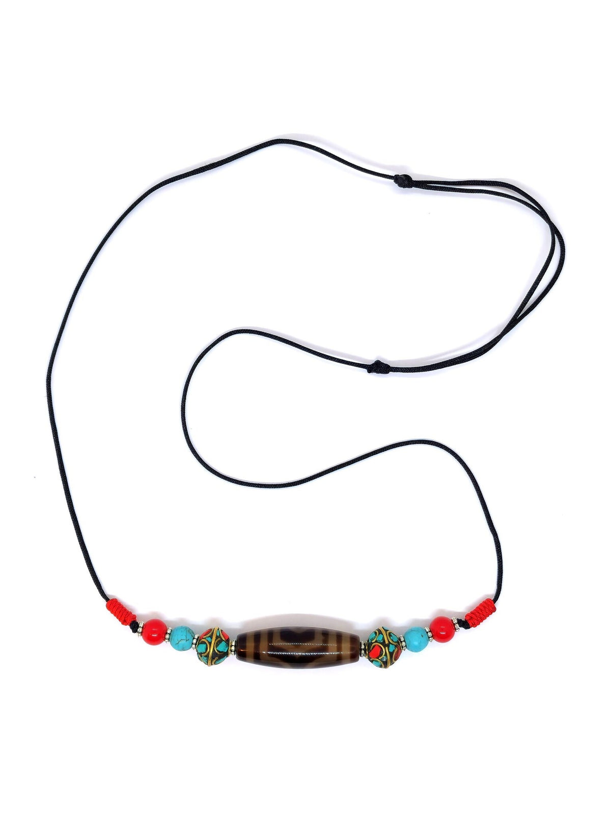 Collier tibétain à pendentif en perle dzi à trois yeux avec turquoise et corail rouge