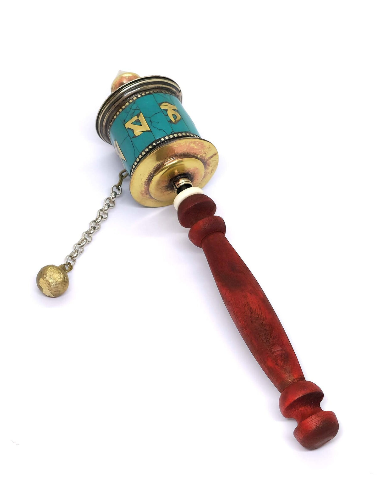 Tibetan Hand Prayer Wheel With Turquoise Chips Inlay