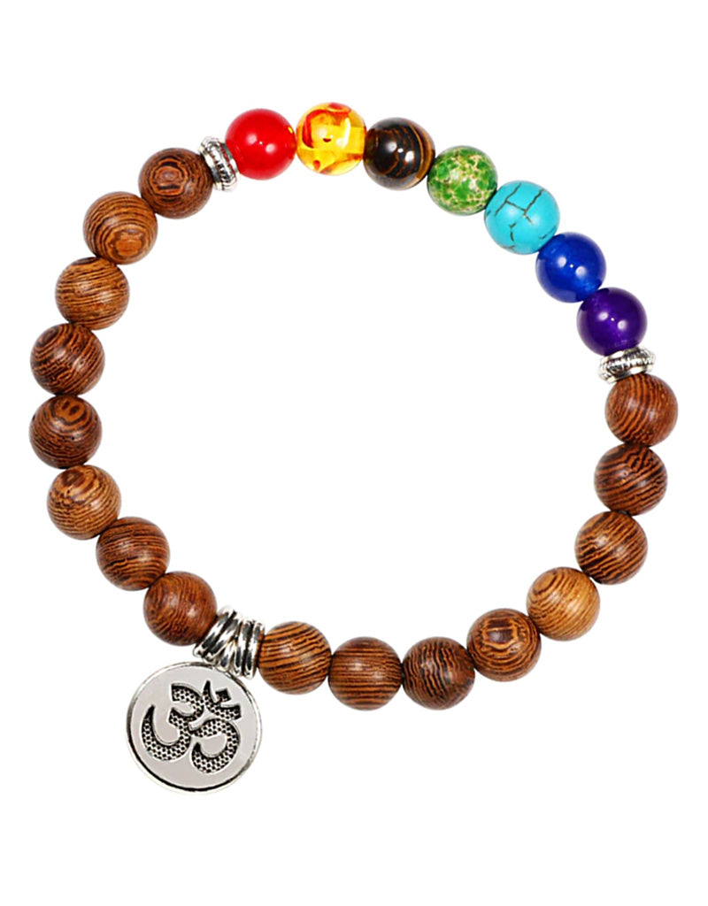Wooden Bracelet With 7 Chakras And Om, Brown