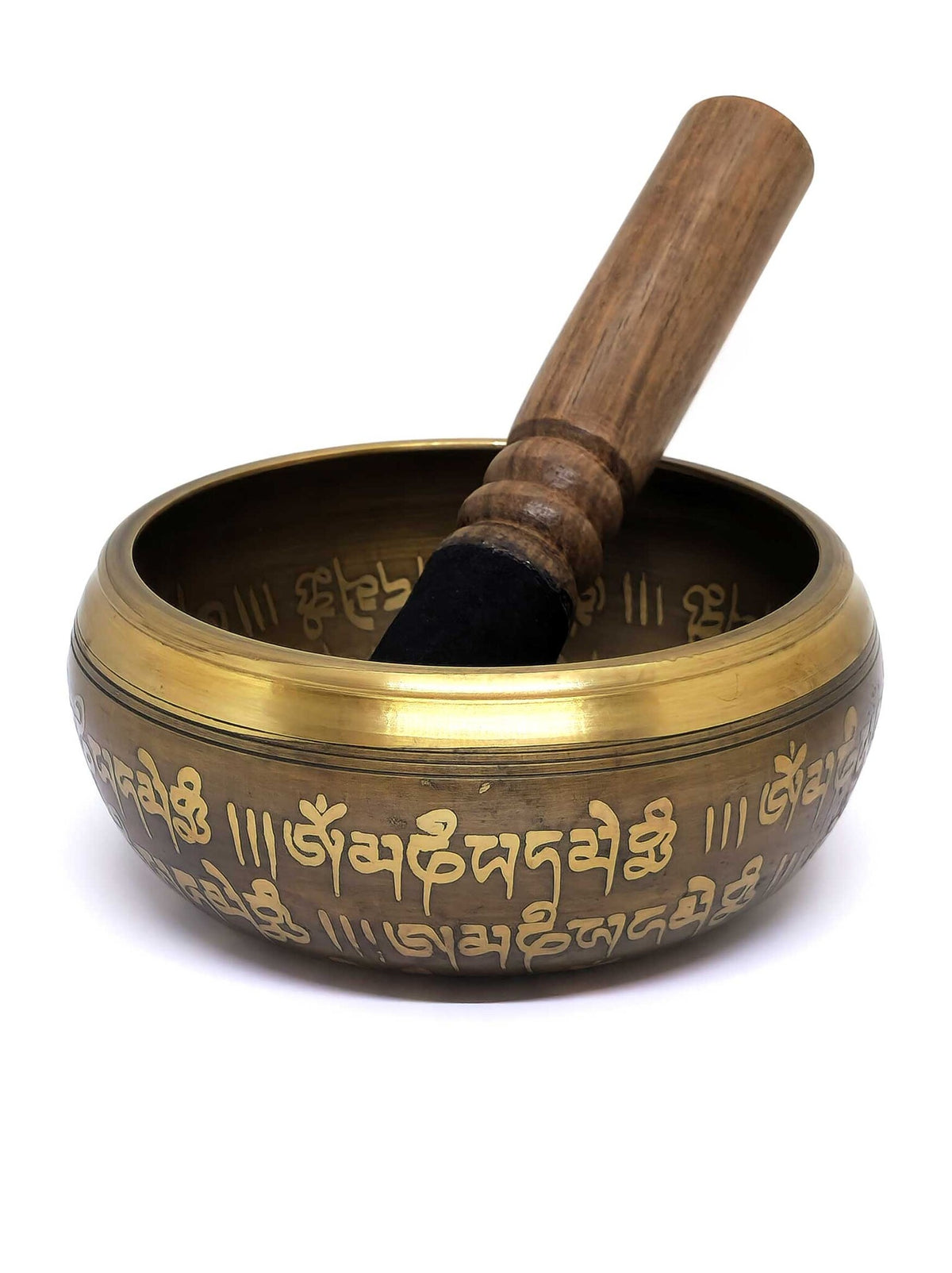 Tibetische Messing-Klangschale "Om Mani Padme Hum" mit Doppeldorje, 2-teiliges Set, Ø 12cm, 450g