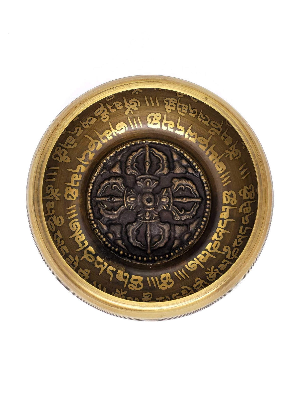 Tibetische Messing-Klangschale "Om Mani Padme Hum" mit Doppeldorje, 2-teiliges Set, Ø 12cm, 450g