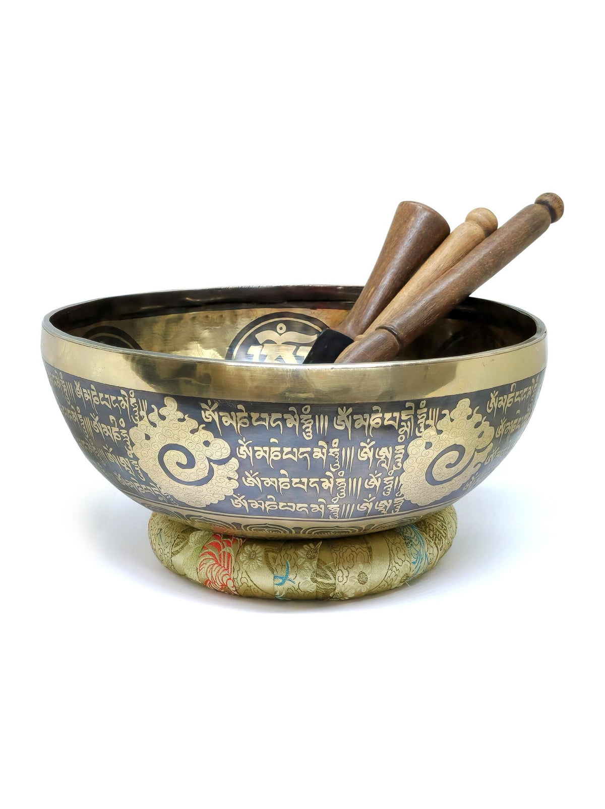Handgefertigte tibetische Klangschale, geschnitzt mit Buddha und Mantra, Ø 27cm, 2kg