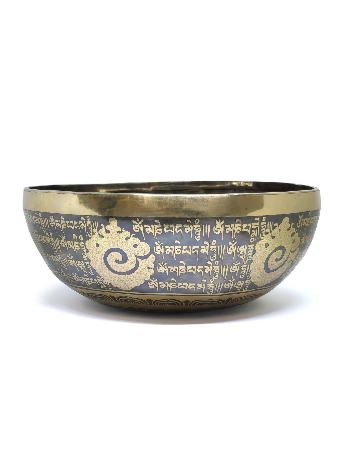 Handgefertigte tibetische Klangschale, geschnitzt mit Buddha und Mantra, Ø 27cm, 2kg