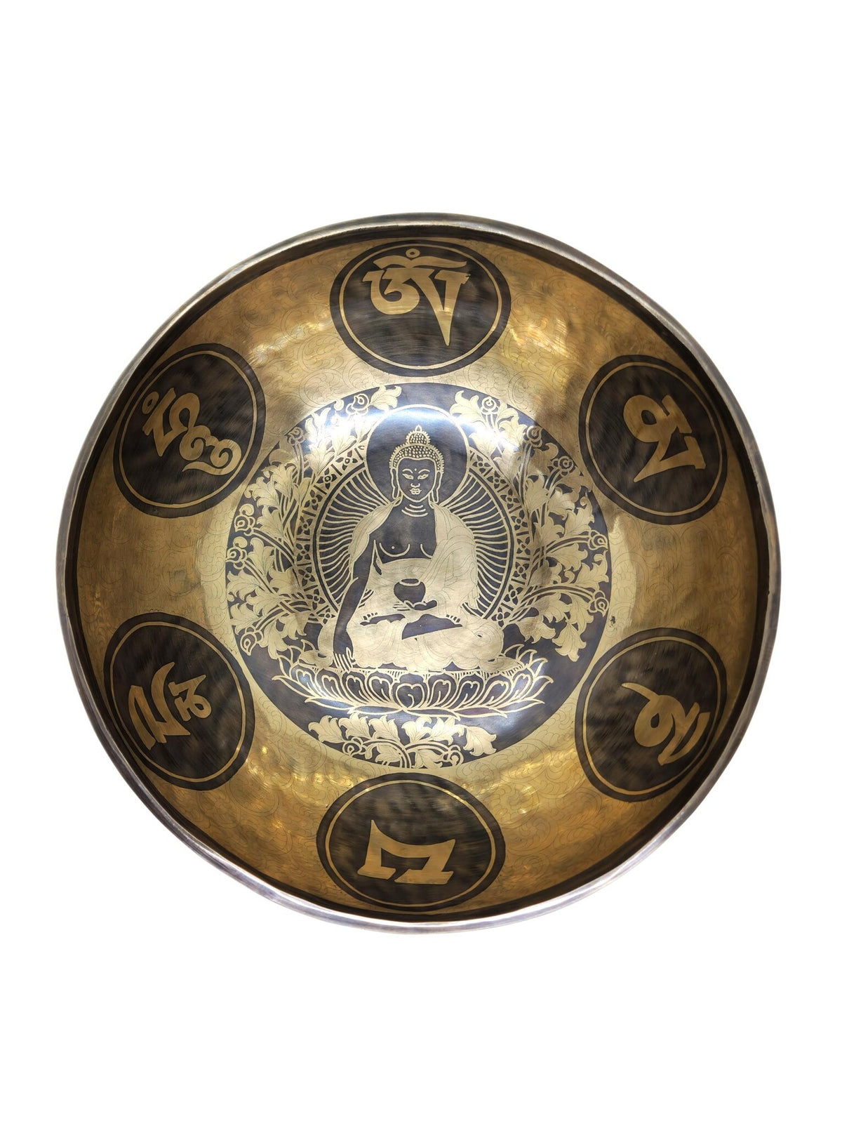 Handgefertigte tibetische Klangschale, geschnitzt mit Buddha und Mantra, Ø 27cm, 2kg