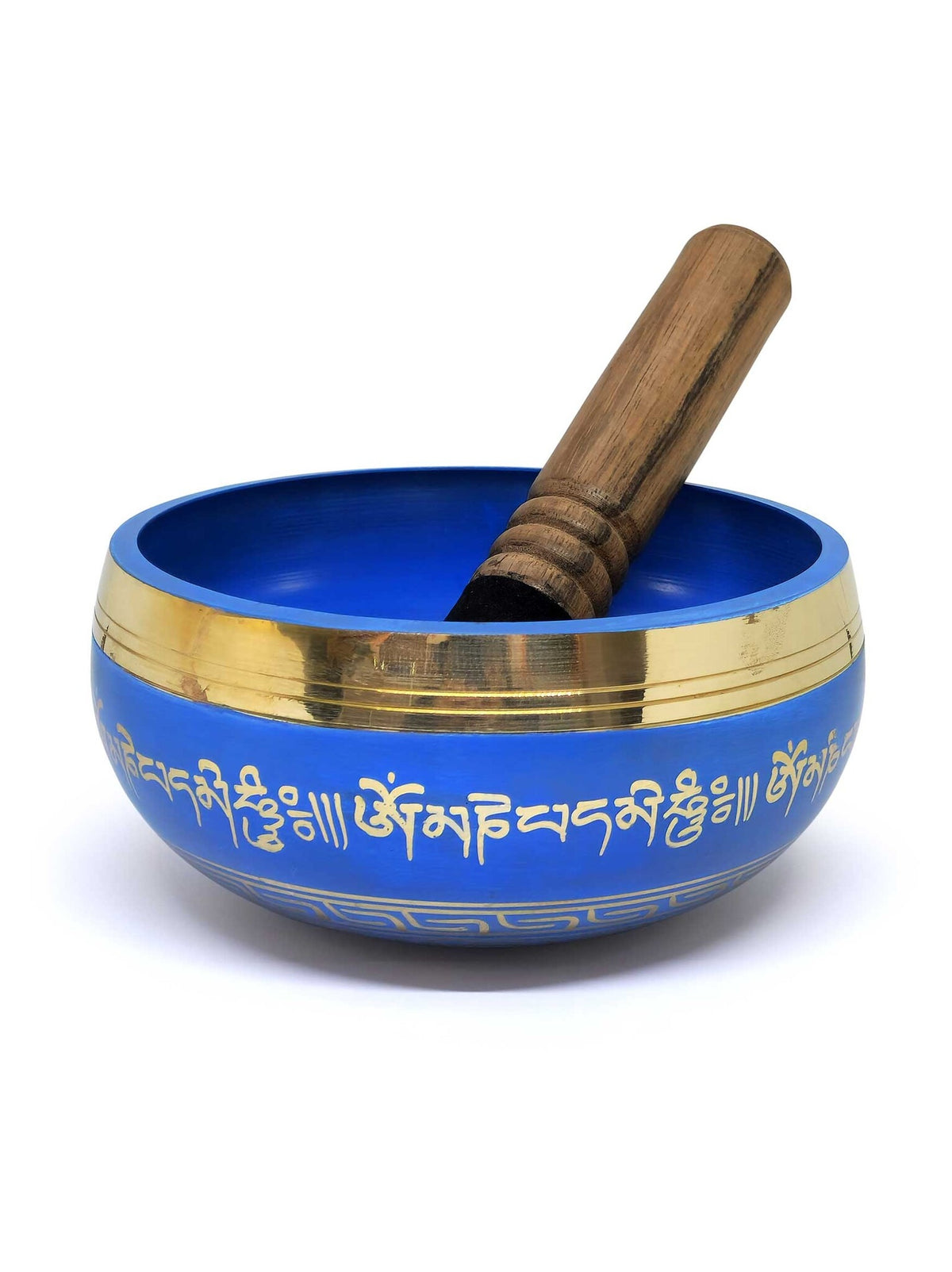 Tibetische Klangschale "Om Mani Padme Hum", blau, aus Messing, Ø 14.5cm, 840g