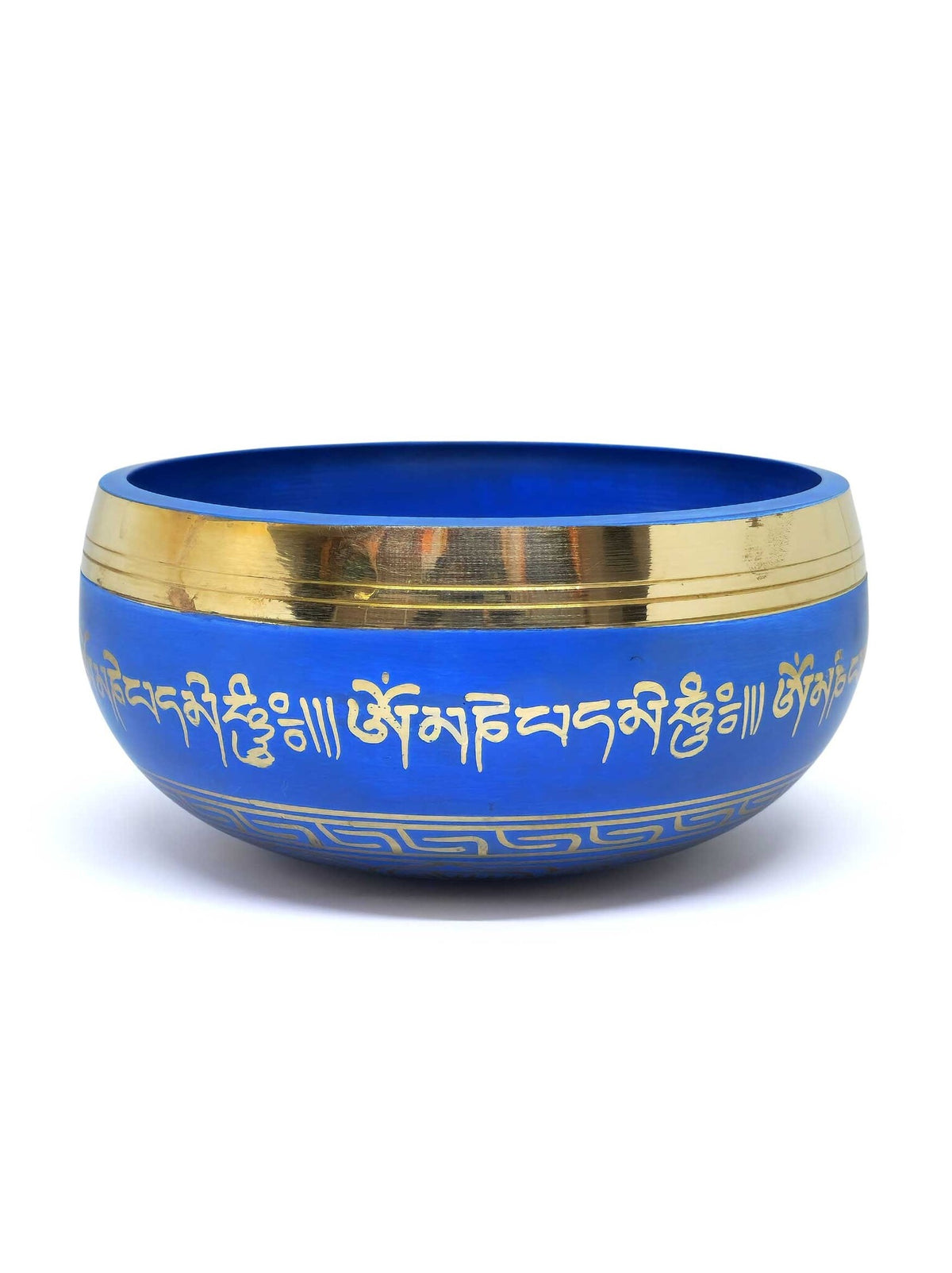 Tibetische Klangschale "Om Mani Padme Hum", blau, aus Messing, Ø 14.5cm, 840g