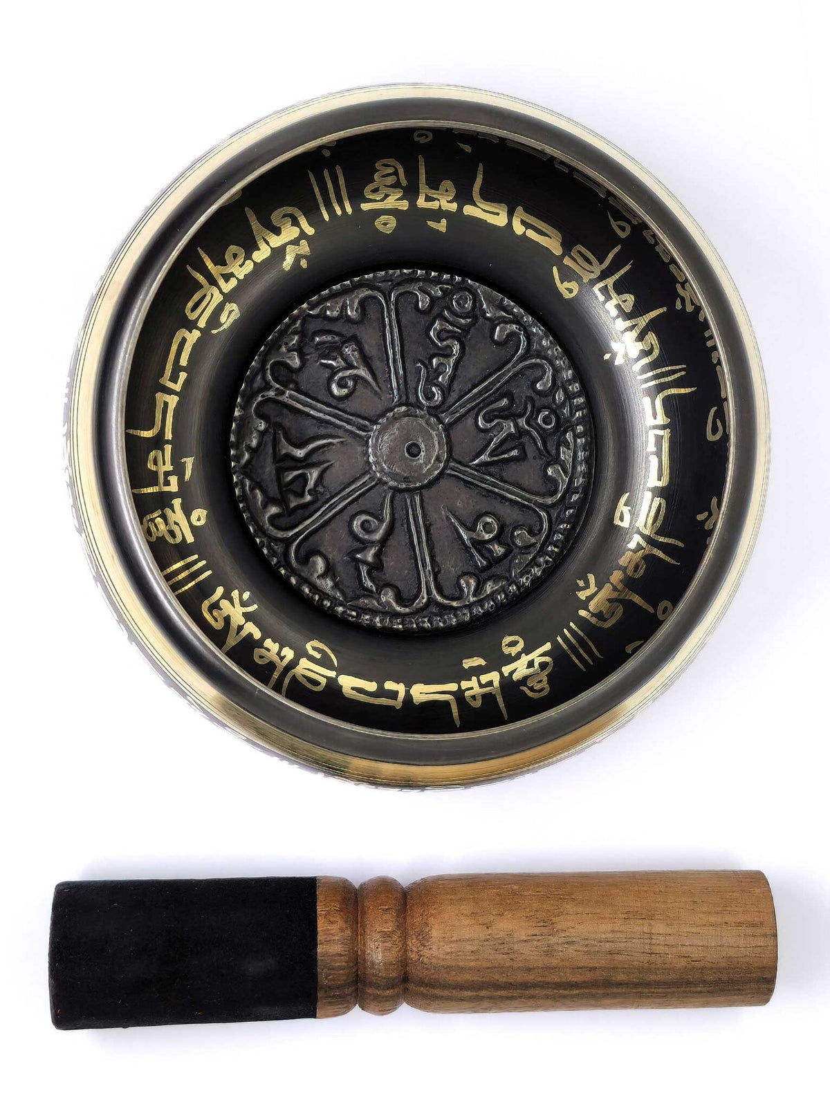 Tibetische Klangschale, mit Mantra verziert, schwarz, Ø 11cm, 450g