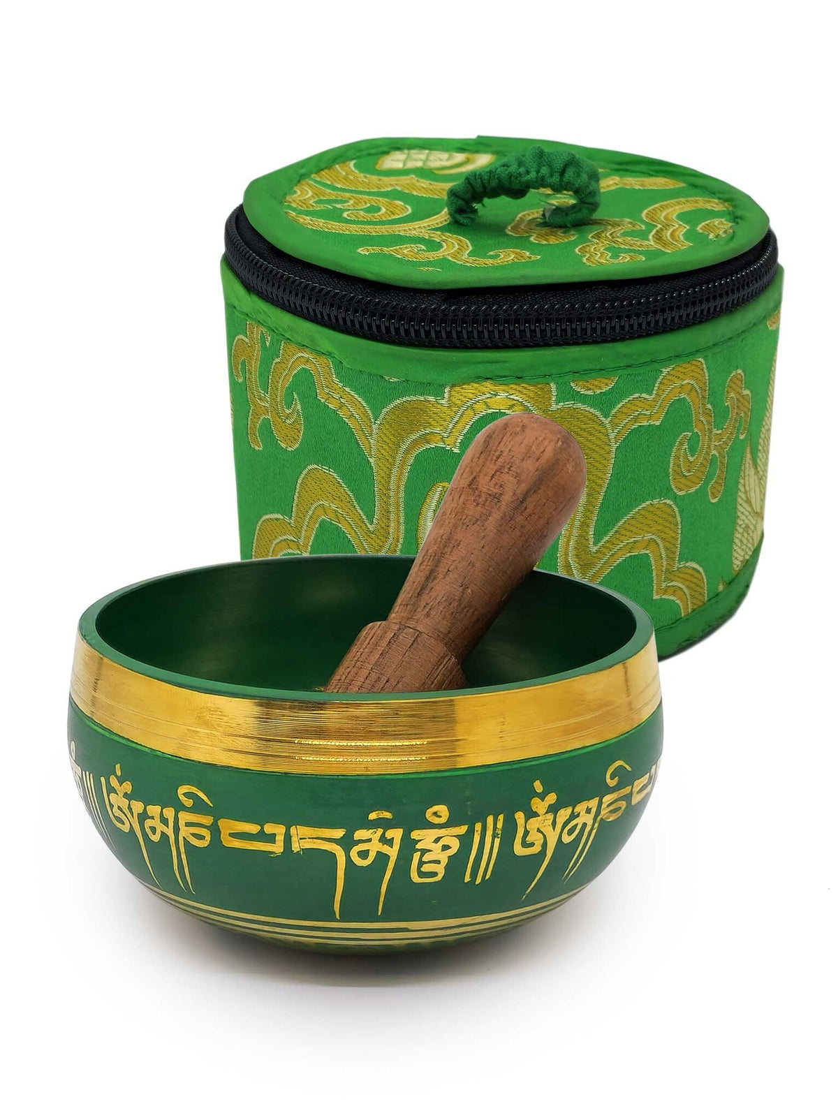 Tibetische Klangschale aus Messing mit Mantra, 3-teilig, grün, Ø 8cm, 190g